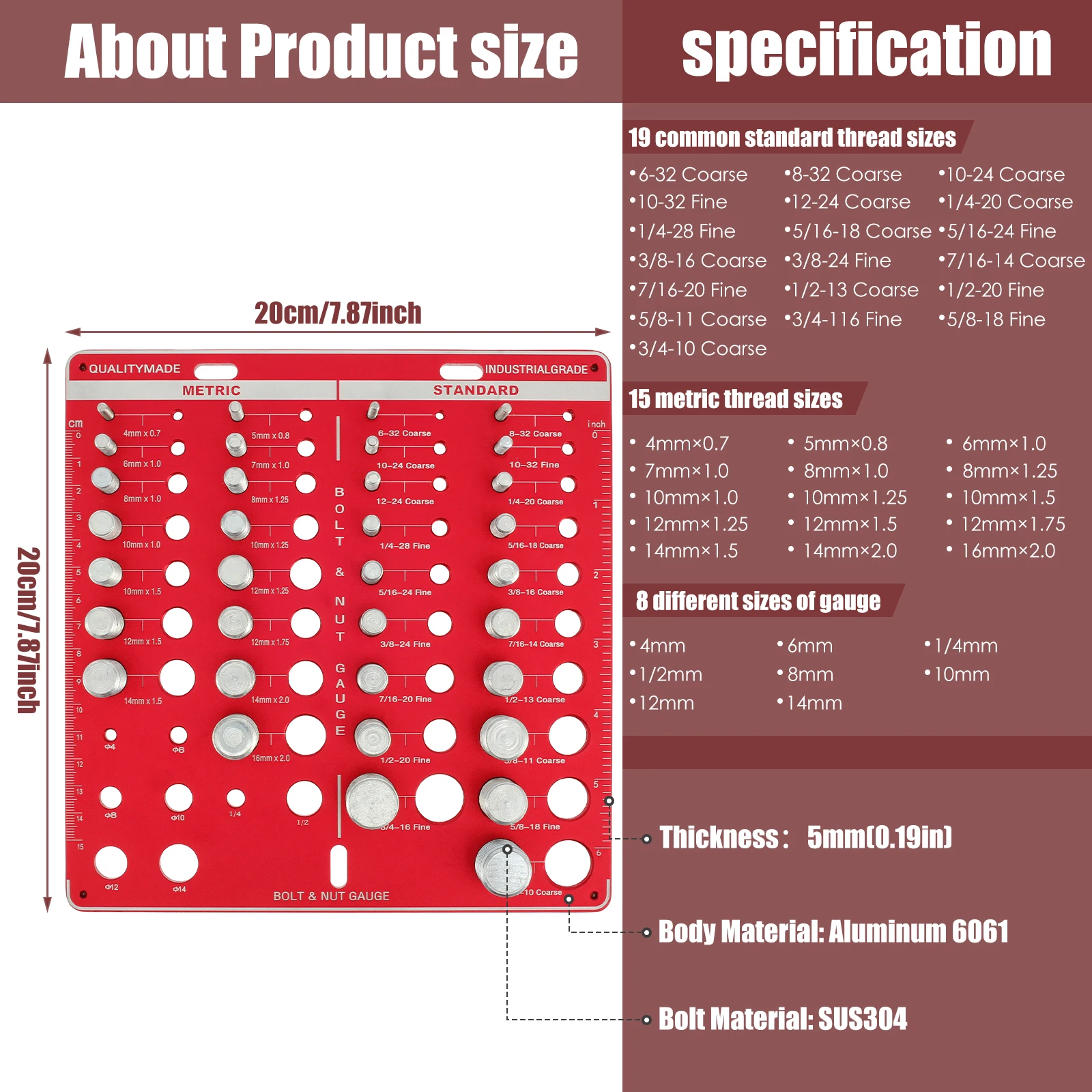 Aluminum Alloy Bolt Nut Gauge for Workshop Garage 34 Holes Bolt Size Thread Gauge Multifunctional Nut Bolt Thread Checker