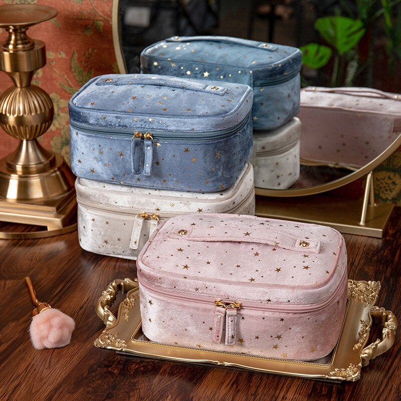 PURDORED 1 Pc Vintage Shining Star Cosmetic Bag Women Zipper Velvet Large Makeup Bag Female Travel Make Up Storage Beauty Case