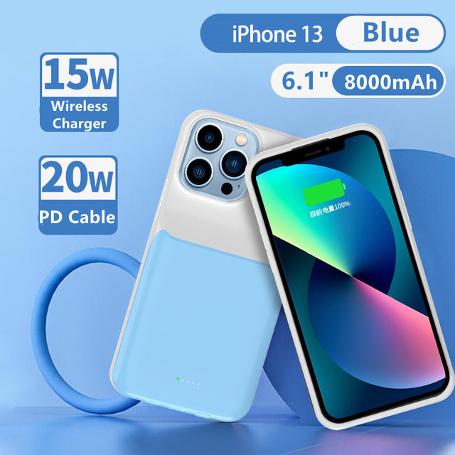 Power Bank Cover For iPhone 13 Pro Max 13 Pro 13 min Wireless Charging Battery Charger Cases 8000mAh Backup Powerbank Cases: 13  Blue