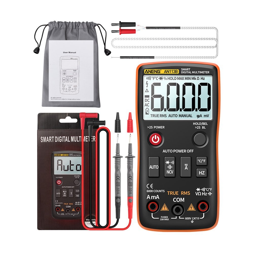AN113B 6000 Count Multimeter Tester Fully Intelligent Automatic Range Digital Multimeter Transistor Voltmeter: Orange