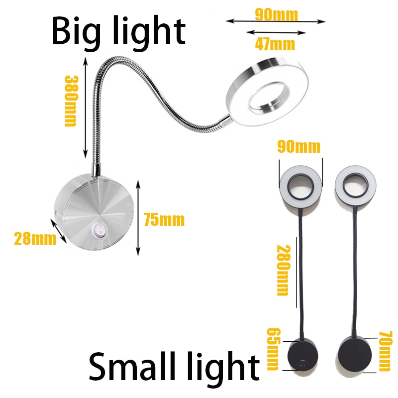 LED-tuyaux-mur-applique 5W 360 ° Chambre à coucher Flexible avec interrupteur à LED, anneau lumineux pour Selfie, lapms muraux d'intérieur pour maquillage, lecture sur le chevet