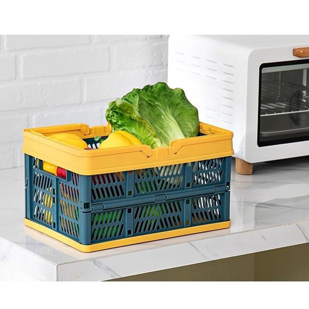 Collapsible Shopping Basket Plastic Folding Storage Crate Stackable Grocery Bin Foldable Storage Box Handles Plastic Tote Bag