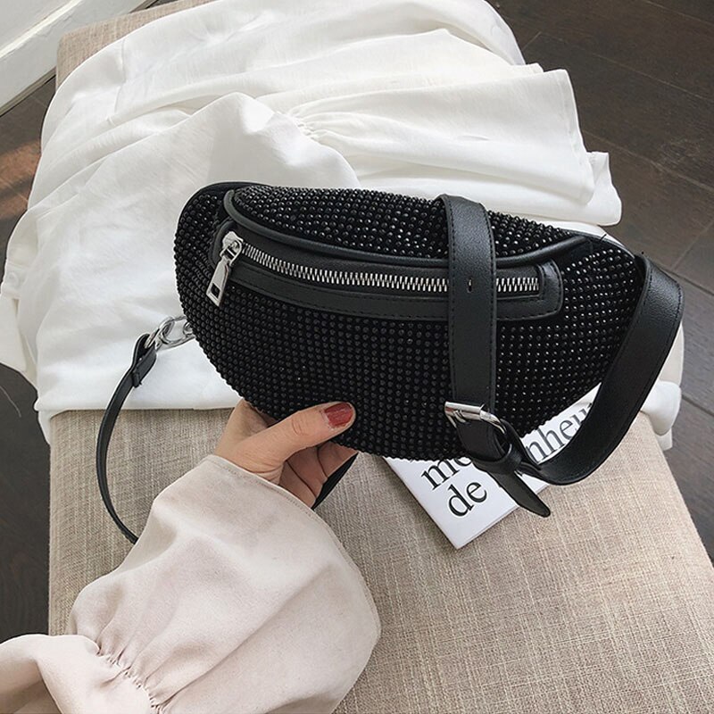 Women Waist Bags Diamonds Ladies Fanny Pack Chest Bag Banana Rhinestone Chain Crossbody Shoulder Bags Belt Bag: Black Waist Bag