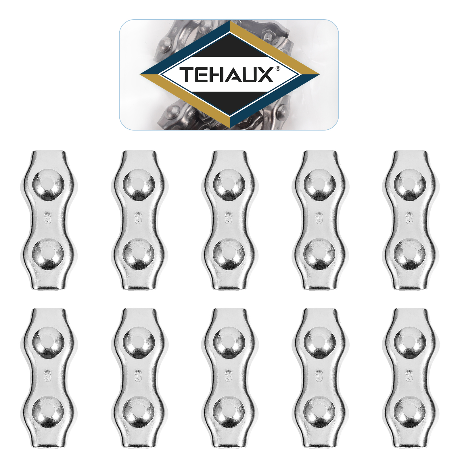 TEHAUX 10pcs Stainless Steel Duplex Bolt Cable Clamps Cable Grips Clips Wire Cable Clamps Rope Connectors