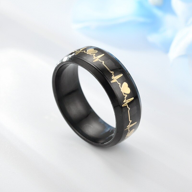 1pc luminoso humor ecg anel de aço inoxidável fibra carbono casal anel de casamento promessa coração anel brilhante jóias para homens