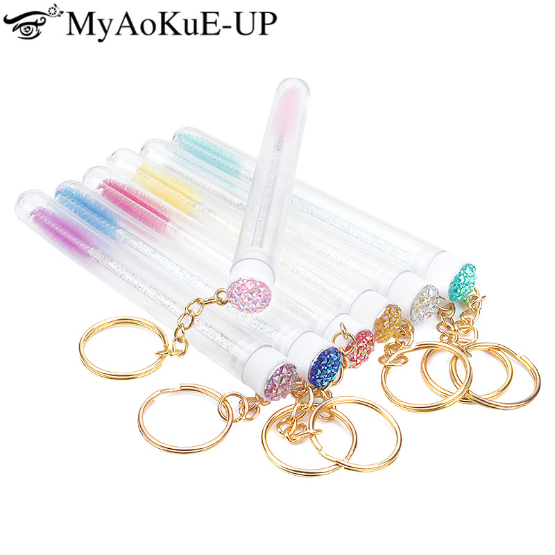 20/50/100 Stuks Buis Lash Borstel Met Gouden Sleutelhanger Strass Mascara Wand Applicator Microbrush Voor Wimperverlenging wenkbrauw Kam