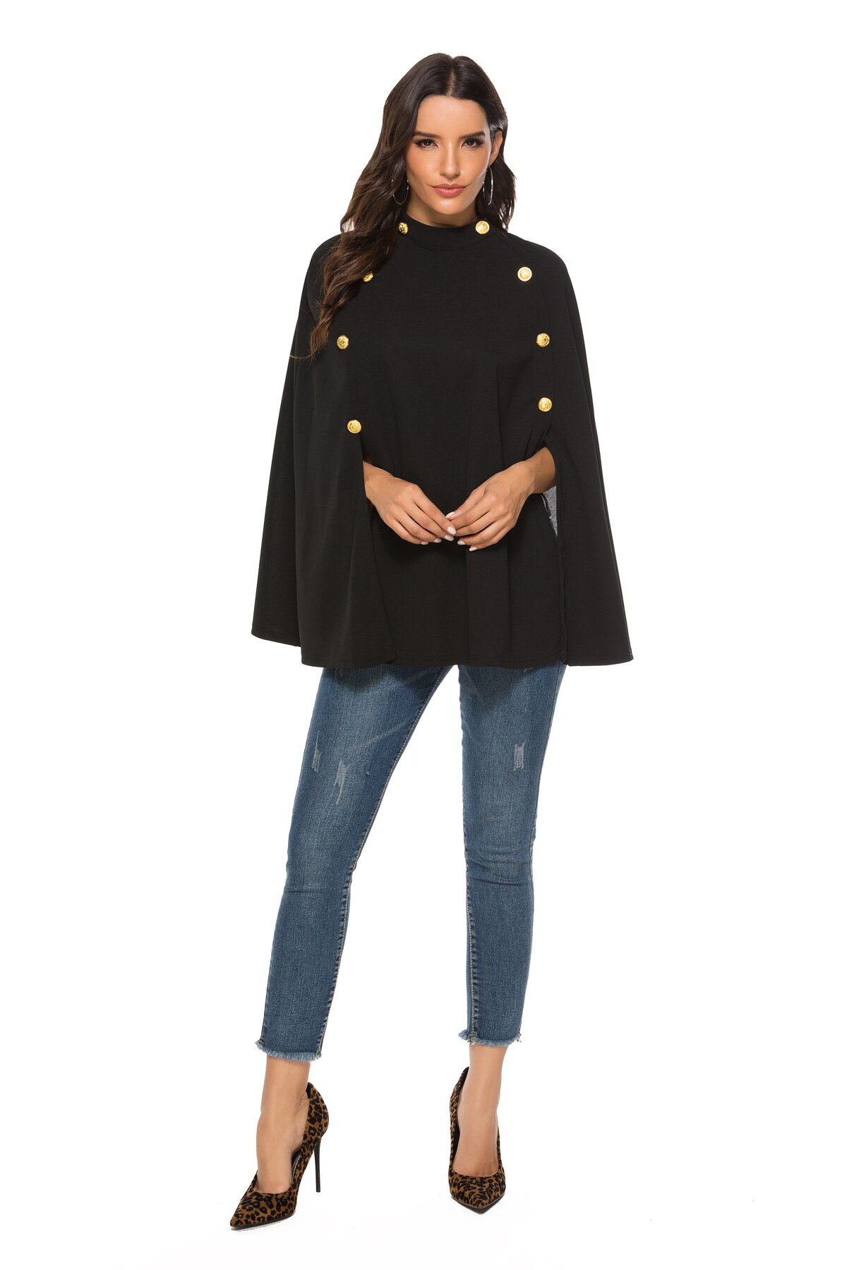 Amerikaanse Stijl Stand-Up Kraag Double-Breasted Mouwloze Volleyed Cape Effen Kleur Windjack
