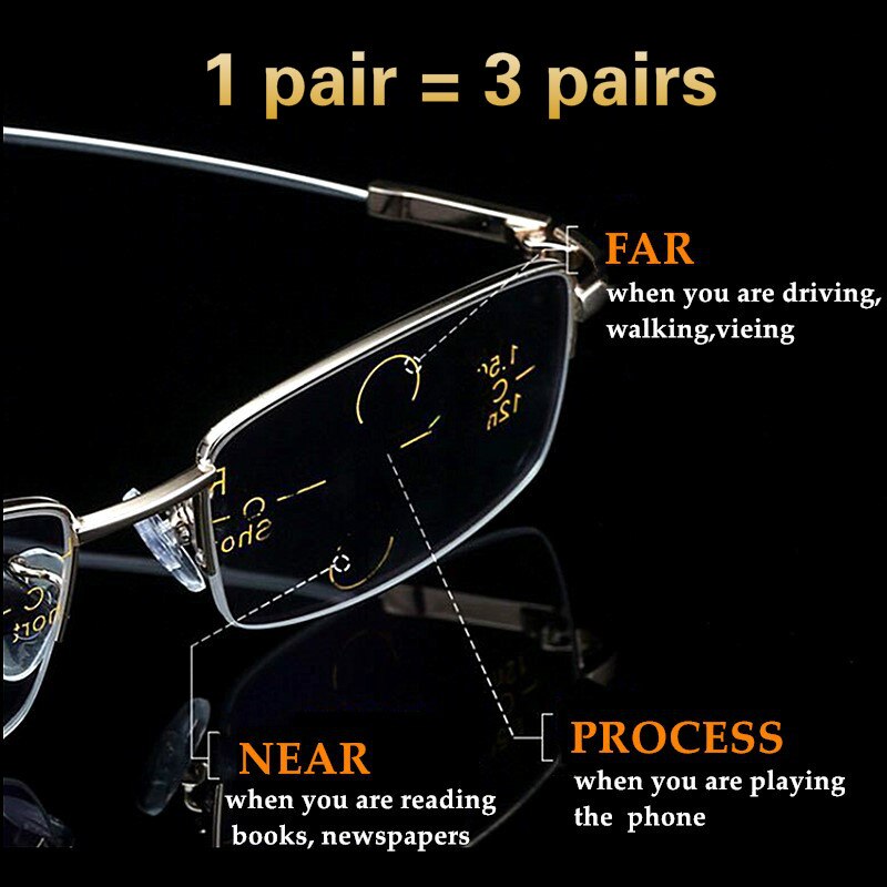 Metal Titanium Multifocal Reading Glasses Men Progressive Bifocal Ray UV Protect Presbyopic Glasses Half Frame Women Eyeglasses
