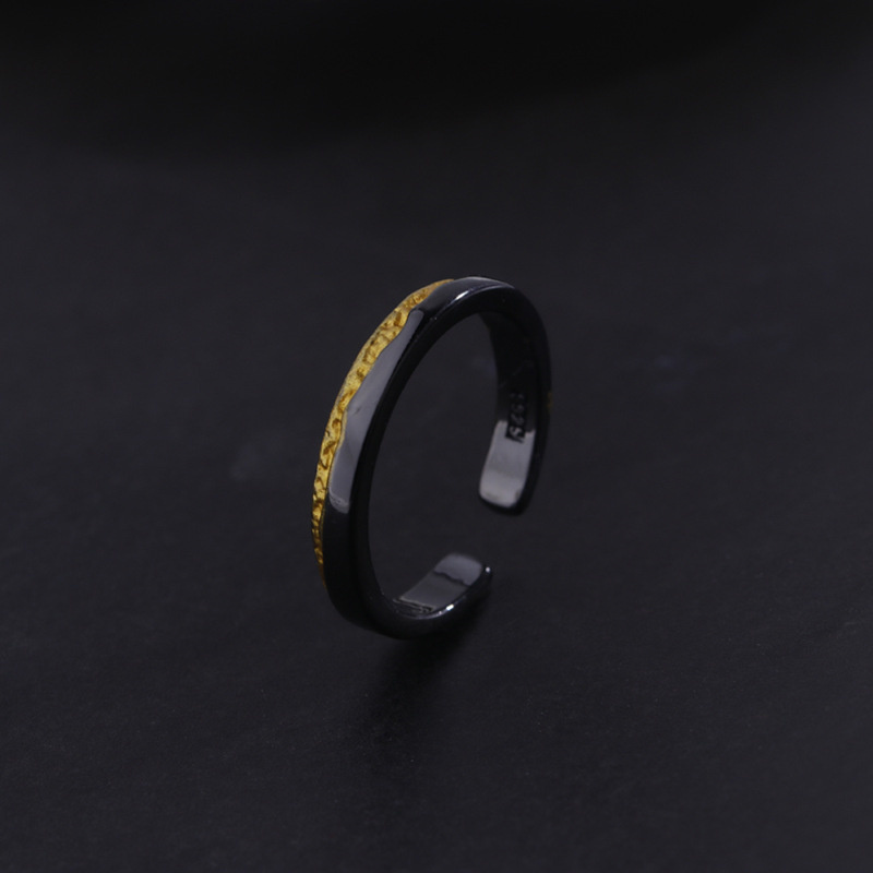 Retro Personality Rising Sun Gold Silver Color Collision Ring For Men Jewelry Trendy Couple Ring 925 Silver Male Jewelry Open: Black