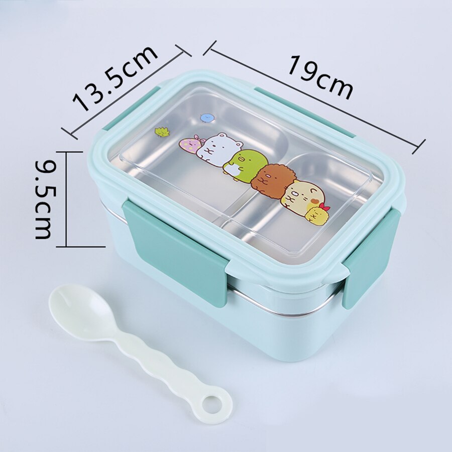 Draagbare Roestvrij Staal Lunchbox Dubbele Laag Cartoon Voedsel Container Doos Magnetron Bento Box Voor Kinderen Kinderen Picknick School: Blue