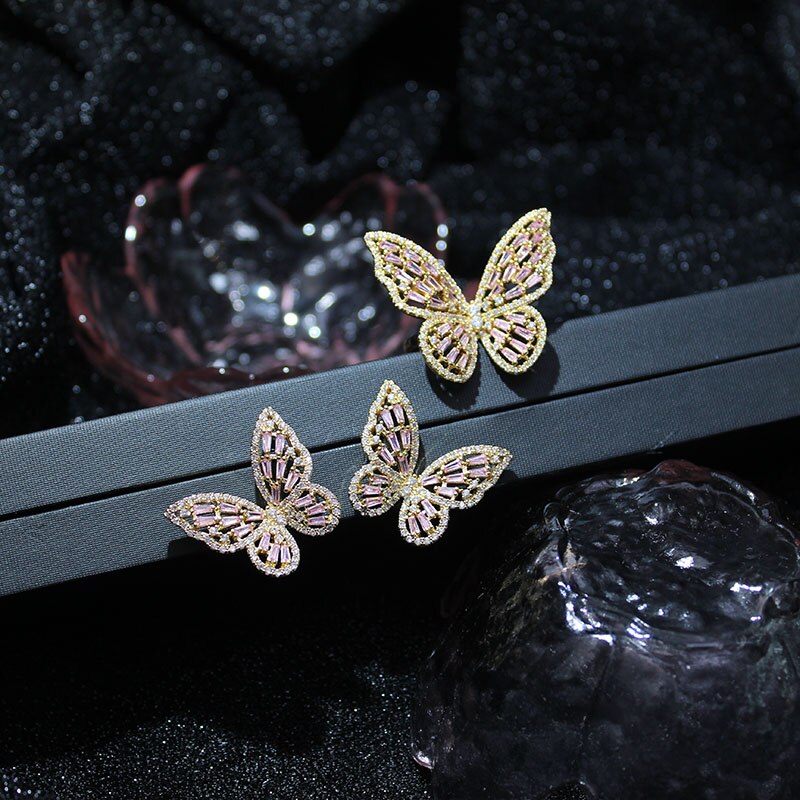 14K Real Conjunto de joyas de oro mariposa collares para las mujeres de lujo de circón cúbico CZ Stud pendientes: 8