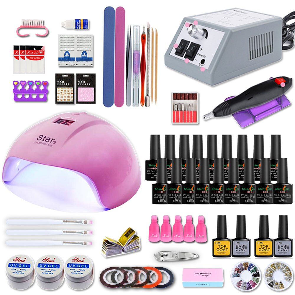 Nagelset för manikyr kit gel nagellack set med 35000/20000 rpm nagelborrmaskin 84/54w nagellampa nail art verktyg: 24w 18 färger set 9