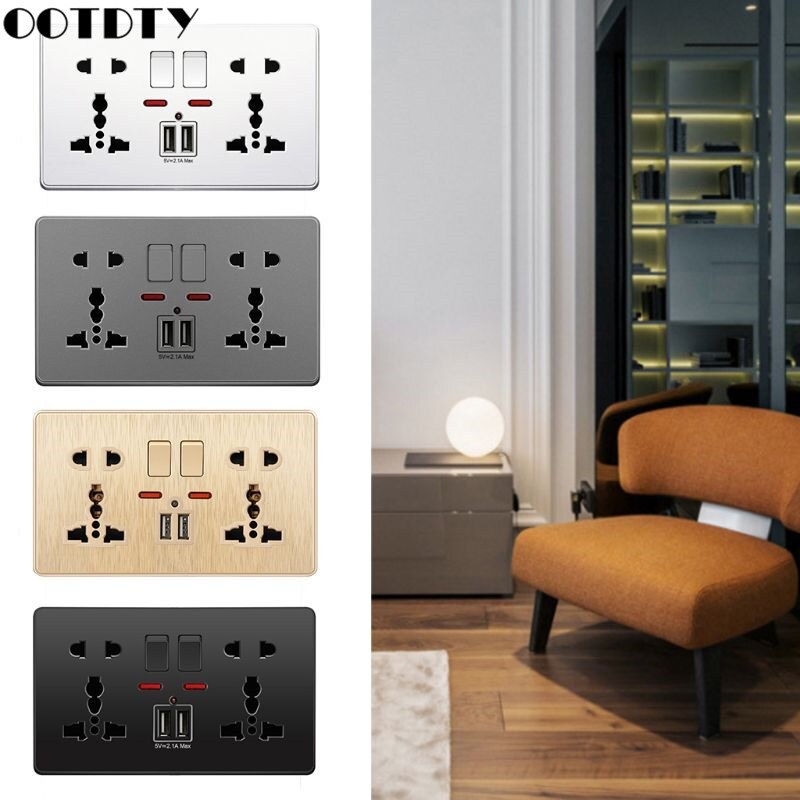 Multifunction UK 13A Wall Socket Push Button 2.1A Double USB Charging Ports
