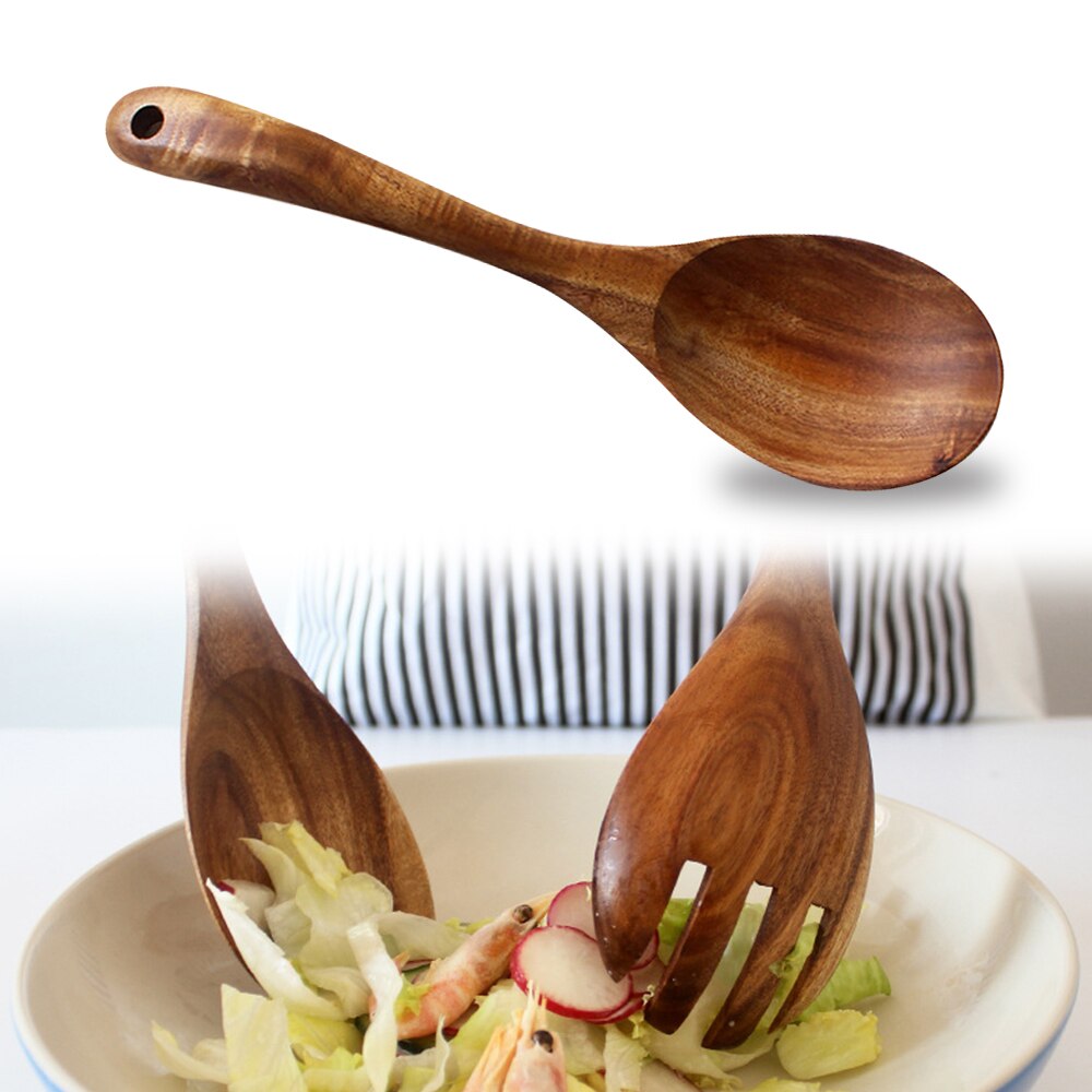 Houten Lepel Salade Vork Grote Opscheplepel Set Houten Keukengerei Lange Handvat Soeplepel Pollepel Salade Server Servies
