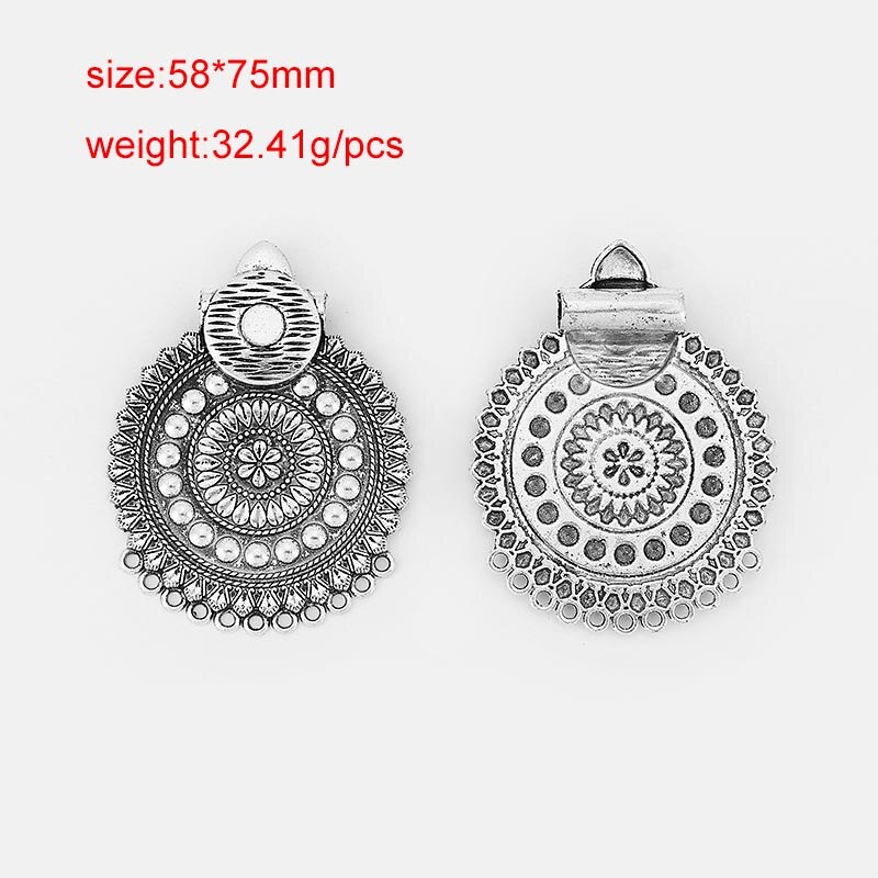 2pcs Ethnic Large Pendant Jewelry Embossed Flower Boho Bohemia Necklace Pendant Connector For Tassel Pendant Jewelry Findings: 14