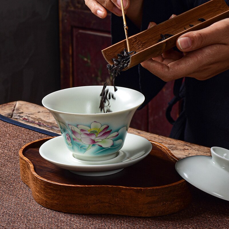 Ru Kiln Every Pottery Sancai Gaiwan Master Cups Hand Painted Peach Tureen Kung Fu Tea Tureen Chinaware Office Decoration