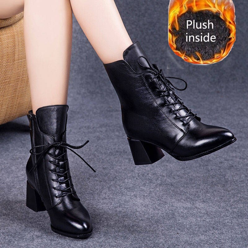 Hoge Zacht Leer Snowboots Vrouwen Dikke Hak En Fluwelen Mar Laarzen Vrouwen Mid-Hak Katoenen Schoenen Laarzen: black plush / 38