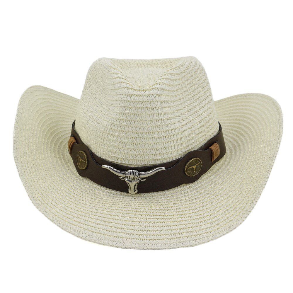 Qbhat unisex papir cowboy hatte bred skygge solbeskyttelseshætte mænd kvinder strand solhat solskærm cap jazz stråhat sombrero: Creme hvid