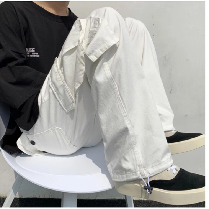 Black/white Casual Pants Men&#39;s Loose Straight Wide Leg Pants Men Streetwear Hip-hop Pocket Cargo Pants Mens Trousers