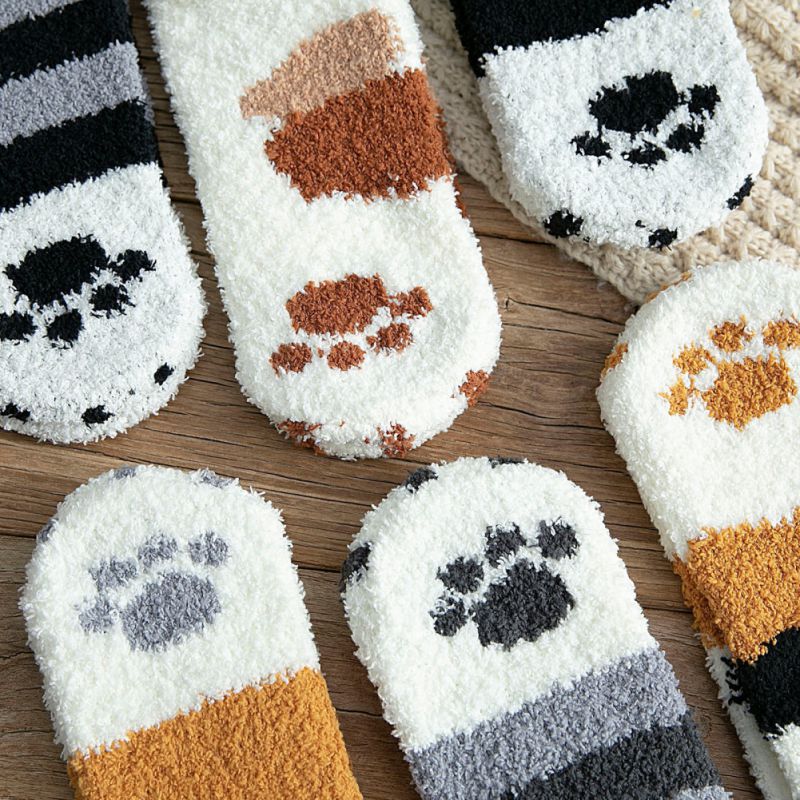 Fluffy Warm Sock Animal Claws Coral Velvet Socks Winter Kawaii Thick Socks Striped Cartoon Women Short Cute Sock Cat Winter