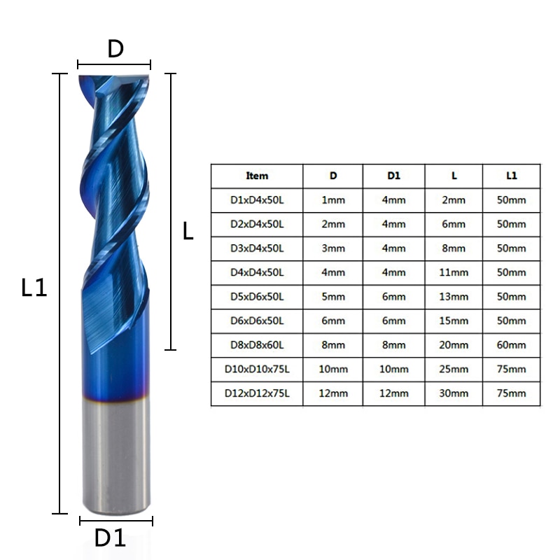 XCAN 1pc 1-12mm Nano bleu revêtement 2 flûte fraise en bout plat 50 degrés carbure fraise en bout CNC routeur fraise en bout