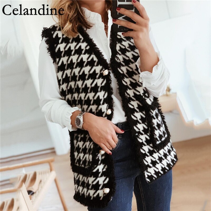 Celandine hiver noir pied-de-poule Long pull gilet femmes sans manches veste dames décontracté manteau col en V Cardigan femme