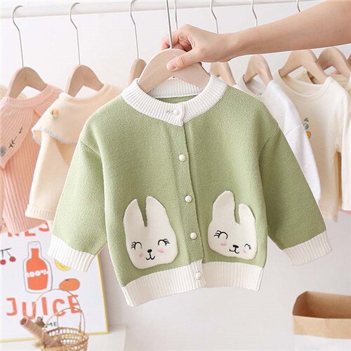 Veste en tricot pour fille de 1 à 3 ans, joli motif de lapin, pull, automne: green / 9M