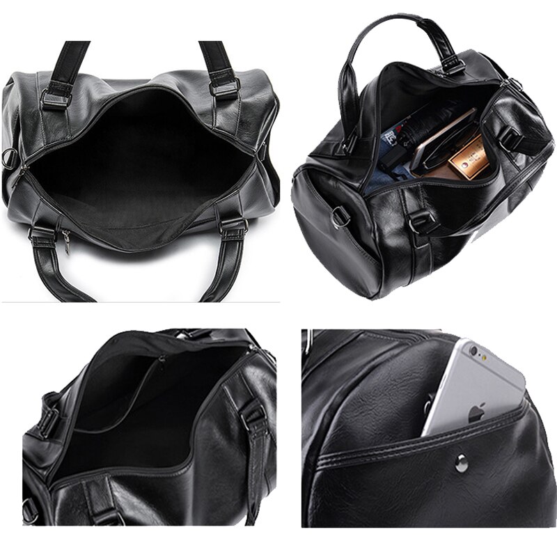 Men Travel Duffle Bag PU Leather Men&#39;s Travel Bags Black Shoulder Handbag Round Bucket Shape Messenger Bag Tote JXY814