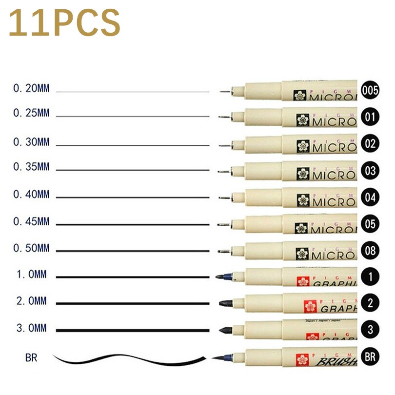 4/9/11/12Pcs Pigma Micron Pen Waterdichte Handgetekende Schets Naald Pen Hand dawing Liner Fineliner Cartoon Handtekening Pen: 11PCS SAKURA