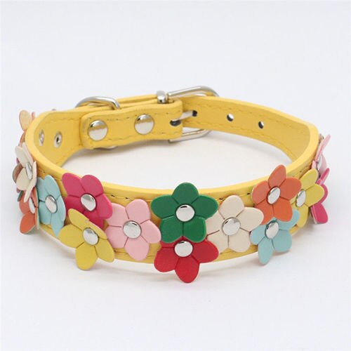 Colours Flower Studded Dog Coller Collar Pu Leather Pet Puppy Cat Neck Strap: Yellow / M