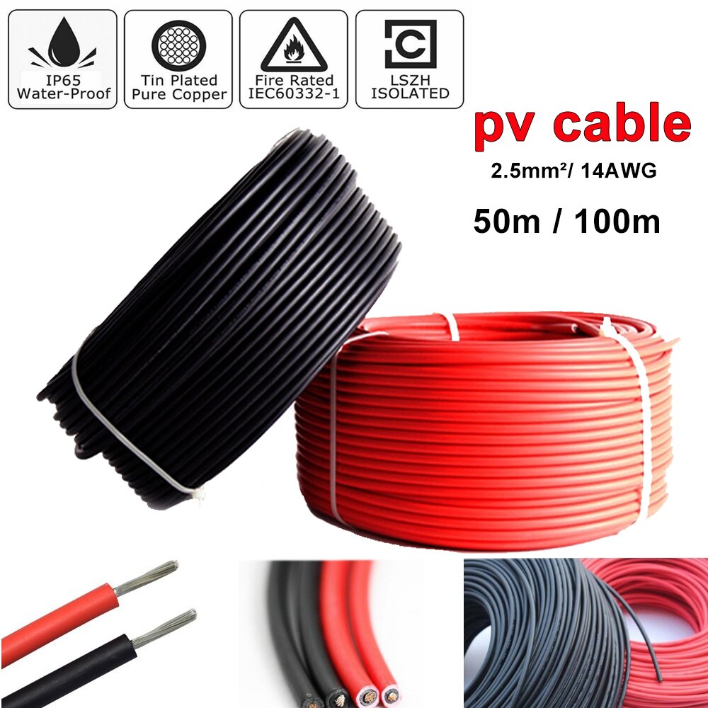 50meters/Roll Solar PV Cable wire 14AWG 2.5mm² PV cable wire red and black cable XLPE jacket With TUV UL Approval