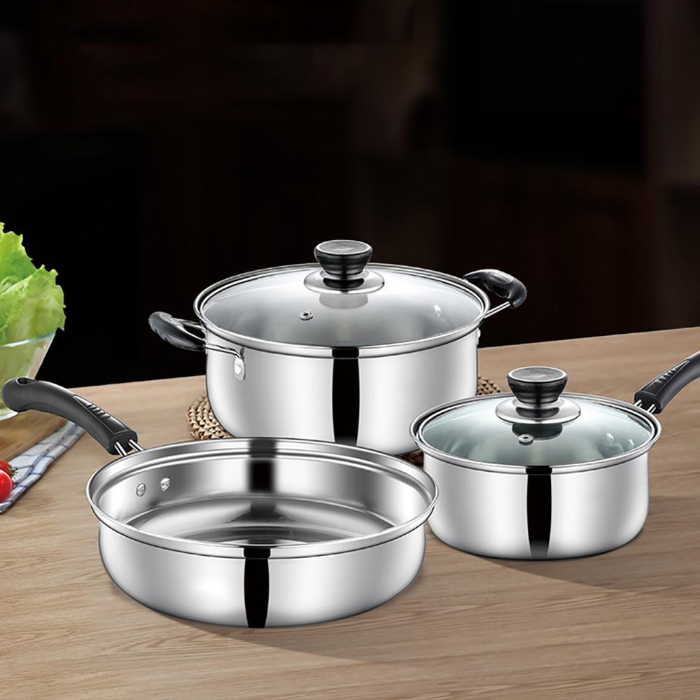 3Pcs/Set Stainless steel Pan Nonstick Iron Pot Cookware, Soup Pot with Lid+Milk Pot with Lid+Frying Pan