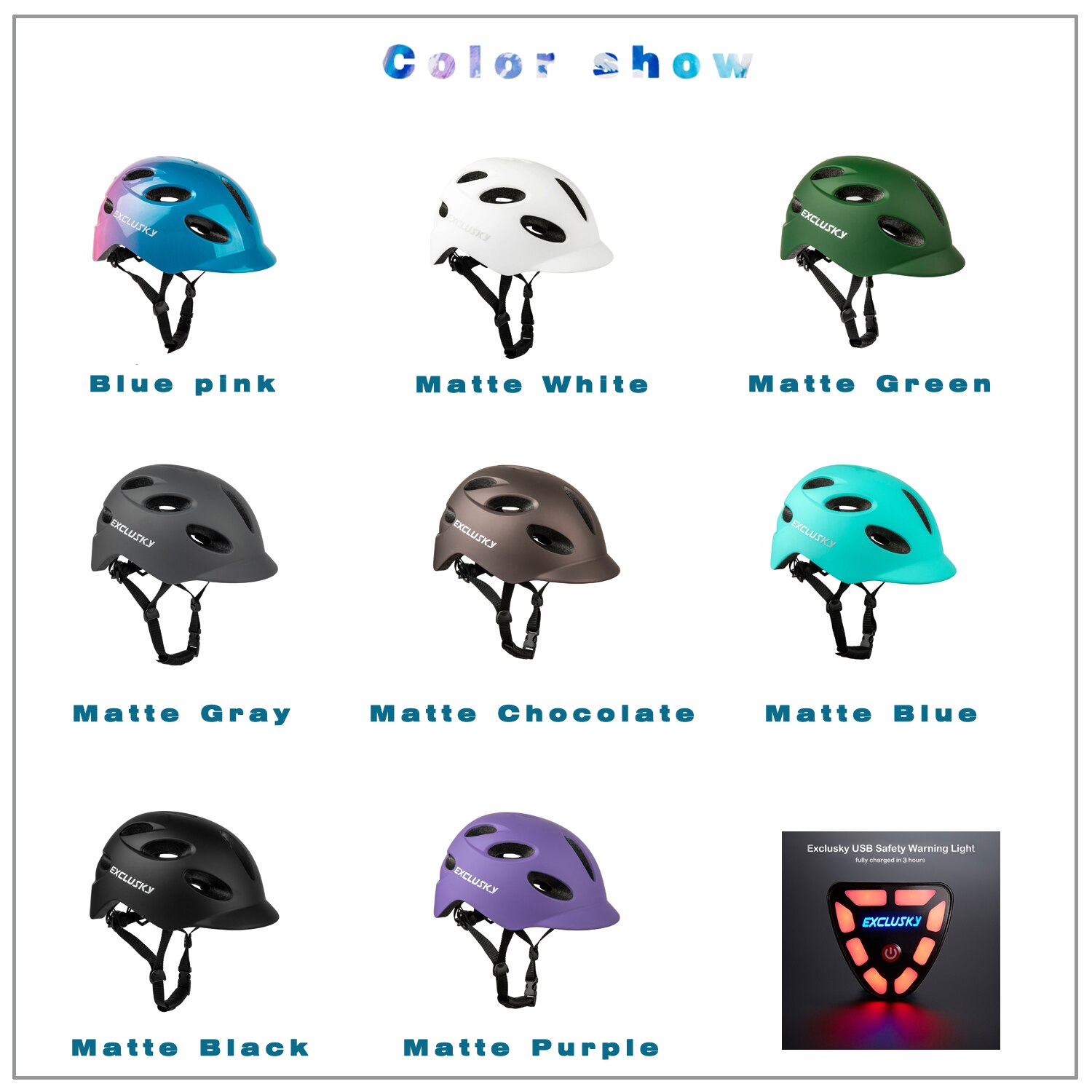 EXCLUSKY Adult Rechargeable USB Safety LED Road Cycling Bicycle Light Helmet Size M and L CE CPSC Certification