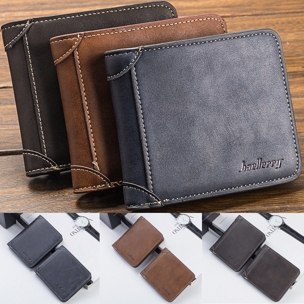 Men's classic wallet PU leather solid color three fold without zipper clutch card