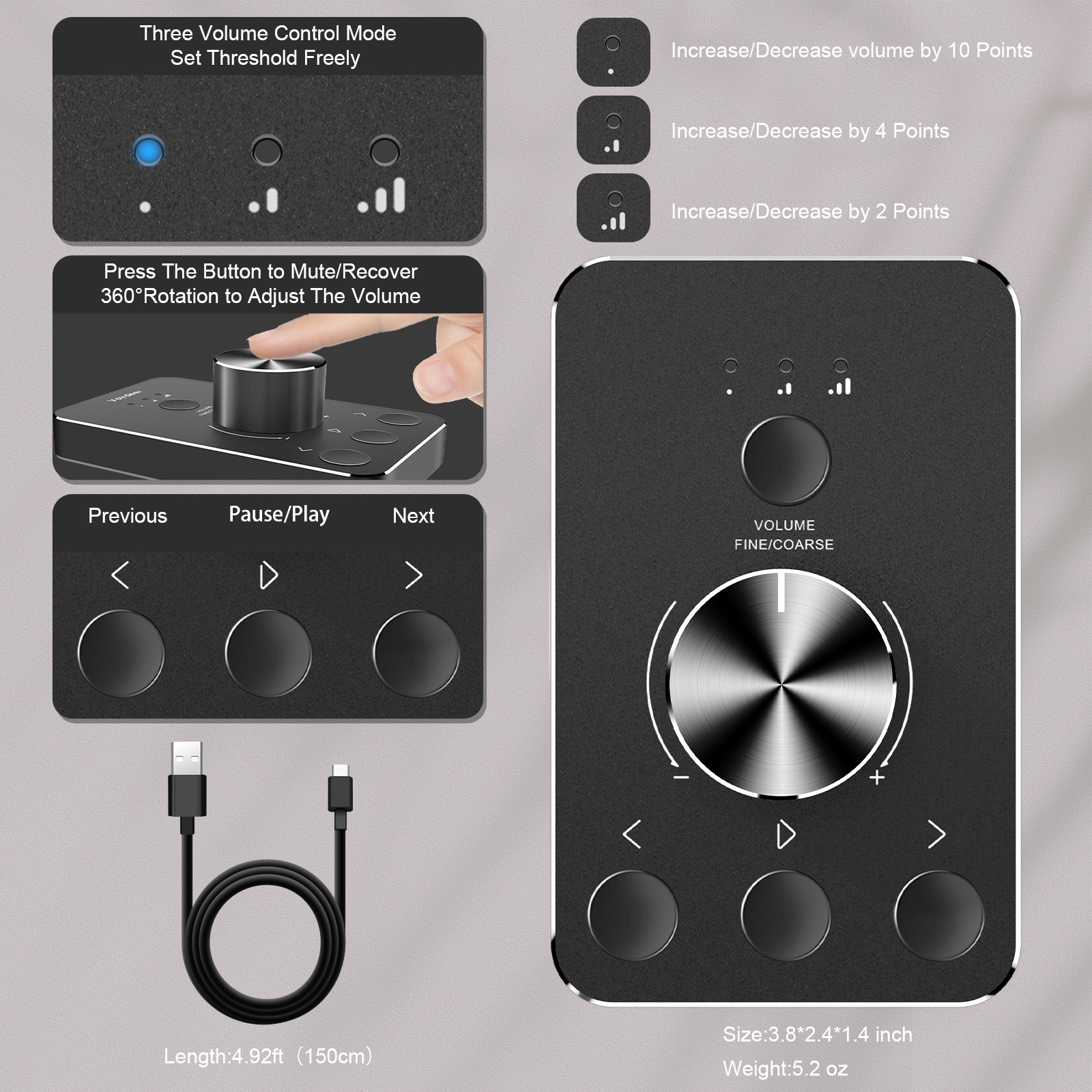 Volume Control Knob USB Computer Speaker Controller One-Click Mute Function and 3 Volume Control Modes Audio Adjust