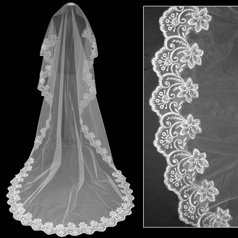 Bruiloft Sluier Kant Kathedraal Accessoires Ongeveer 2.6 m Lange Voile Mariage Katoen Cheaps Eenvoudige Vail Bruid Bruidssluier Geen Kam