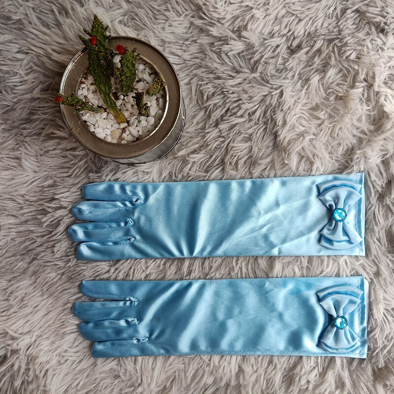 Guantes largos de baile de princesa para niños, vestido de novia de satén para niñas, accesorios de disfraz con lazo, de cumpleaños y Navidad: Azul cielo