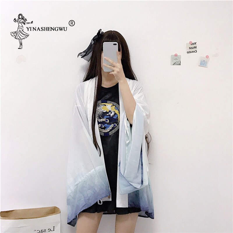 Kimono japonés de manga larga para mujer, cárdigan estampado, ropa de protección solar, Yukata tradicional asiática japonesa: Blanco