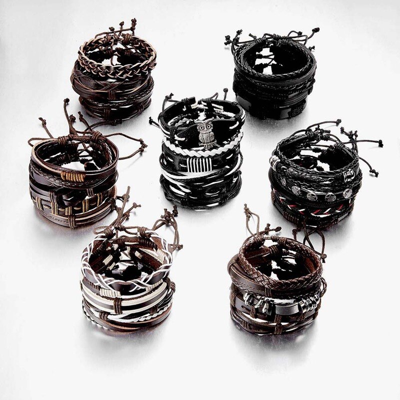 Pulseras trenzadas de cuero multicapa para hombre, brazaletes de cuerda hechos a mano, con forma de búho, hoja y estrella, para