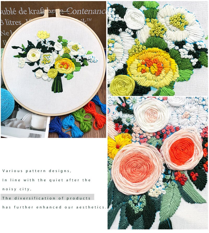 European-style Flowers DIY Embroidery Ribbon Set Beginners With Embroidery Shed Sewing Kit 3D Flowers Embroidery Kit with Hoop