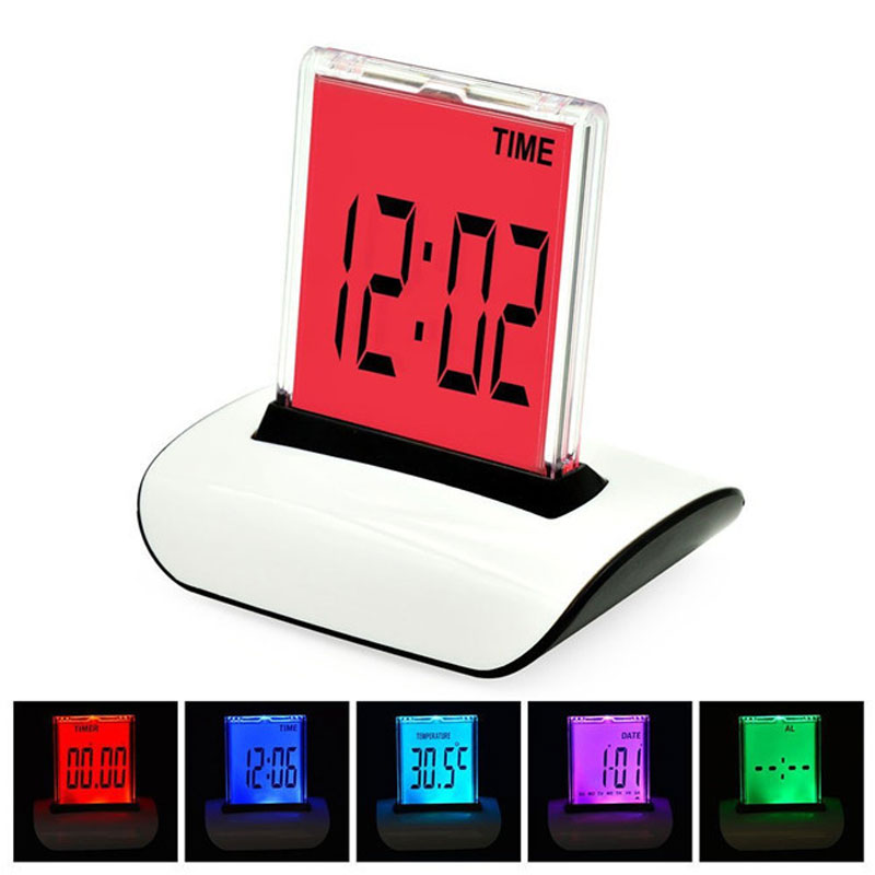 Digital Table Clocks LCD Screen Alarm Clock 7Colors Changing Multi-Functional Large Display Desk Clock with Thermometer Calendar