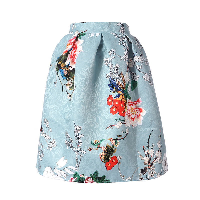 Sommer nederdele til piger med blomsterprint vintage afslappet plisserede nederdele til kvinder midi knælange retro nederdele teenager nederdele: Himmelblå blomst