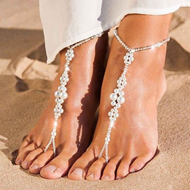 2 Pcs/Set Pearl Ankle Chain Beach Wedding Foot Jewelry Barefoot Sandal Anklet Chain For Women