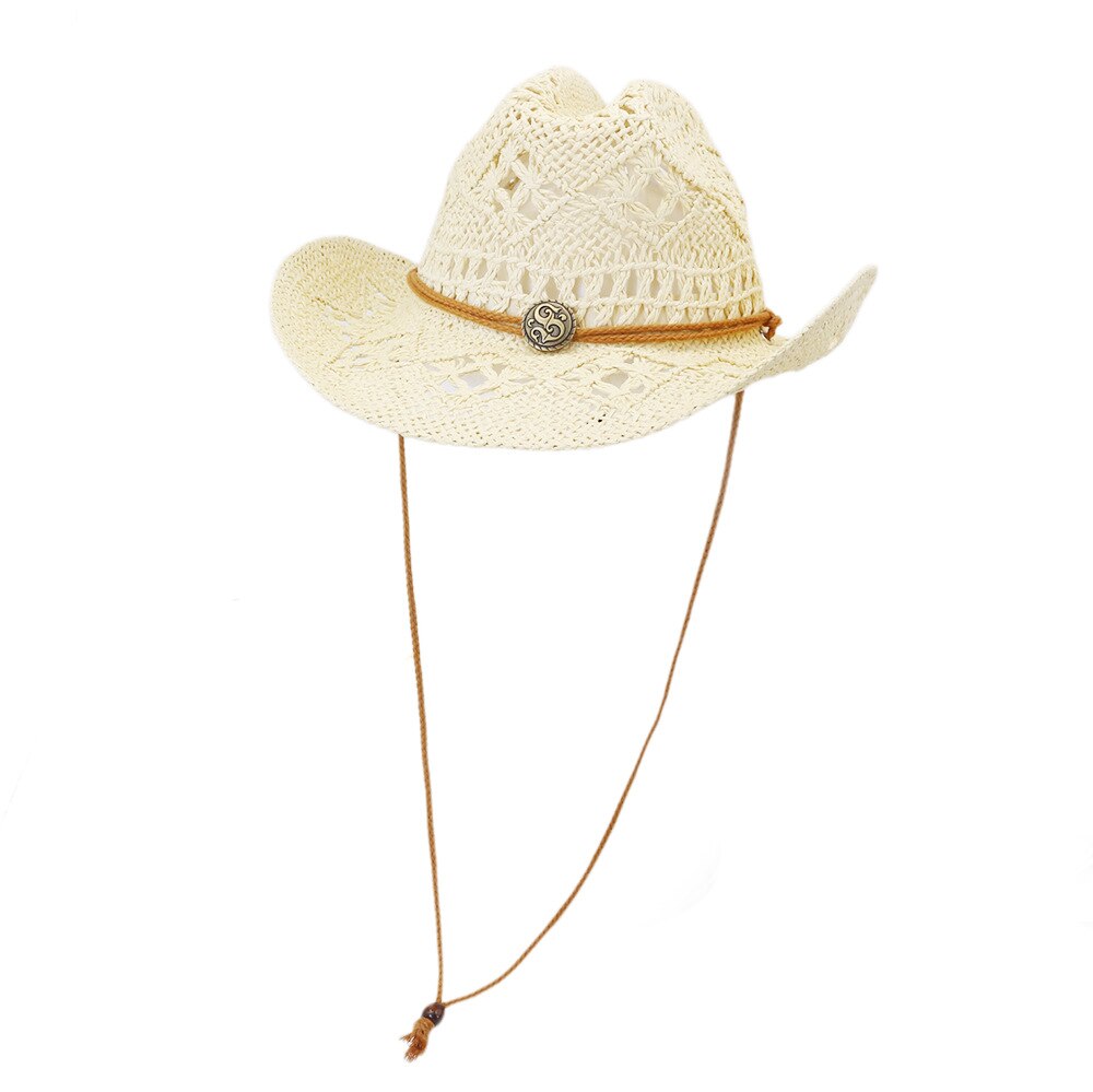 Hechos a mano nuevos hueco vaquera vaquero del oeste sombrero amplia sombrero con visera de Jazz sol playa sombreros Gorros Hombre: Beige