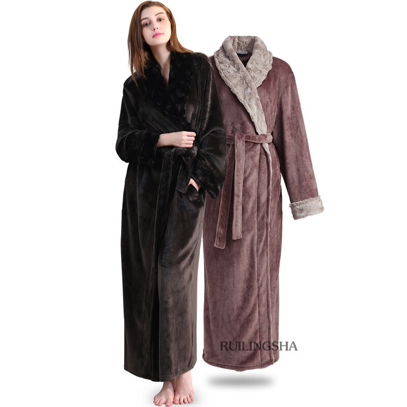 Women Men fur Neck Thick Warm Long Flannel Bathrobe Plus Size Kimono Bath Robe Winter Peignoir Dressing Gown Bridesmaid Robes