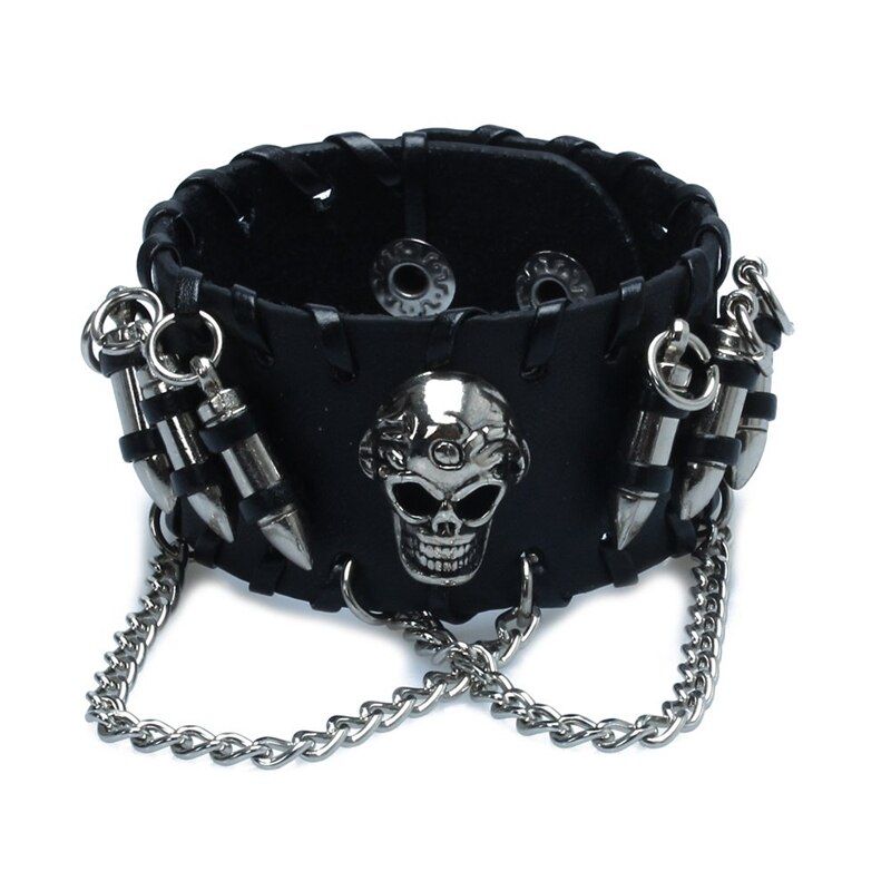 Zwarte Mannen Gothic Pu Lederen Bullet Skull Chain Polsband Armbanden Voor Mannen