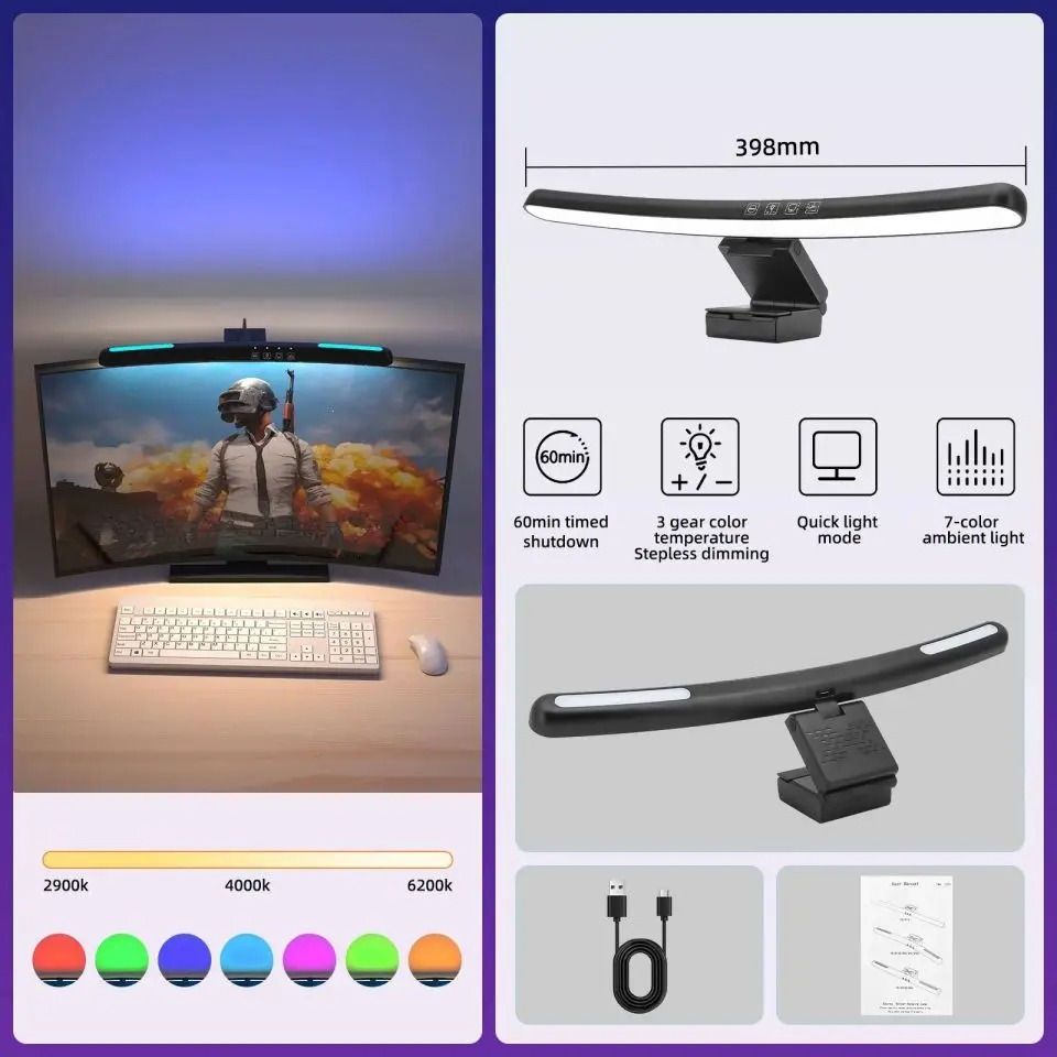 Gebogene Monitor-lichtleiste mit rgb-hintergrundbeleuchtung, augenschonende berühren-atmosphärenbeleuchtung für computerbildschirme zur dekoration von Spielen-räumen: Schwarz