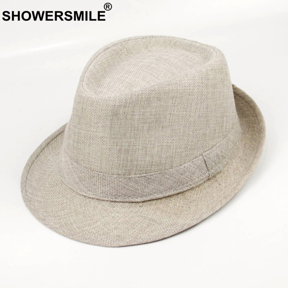 SHOWERSMILE-chapeaux Fedora pour hommes, casquette de plage d&#39;extérieur uni en lin uni, kaki, Style britannique, pour le printemps et l&#39;été