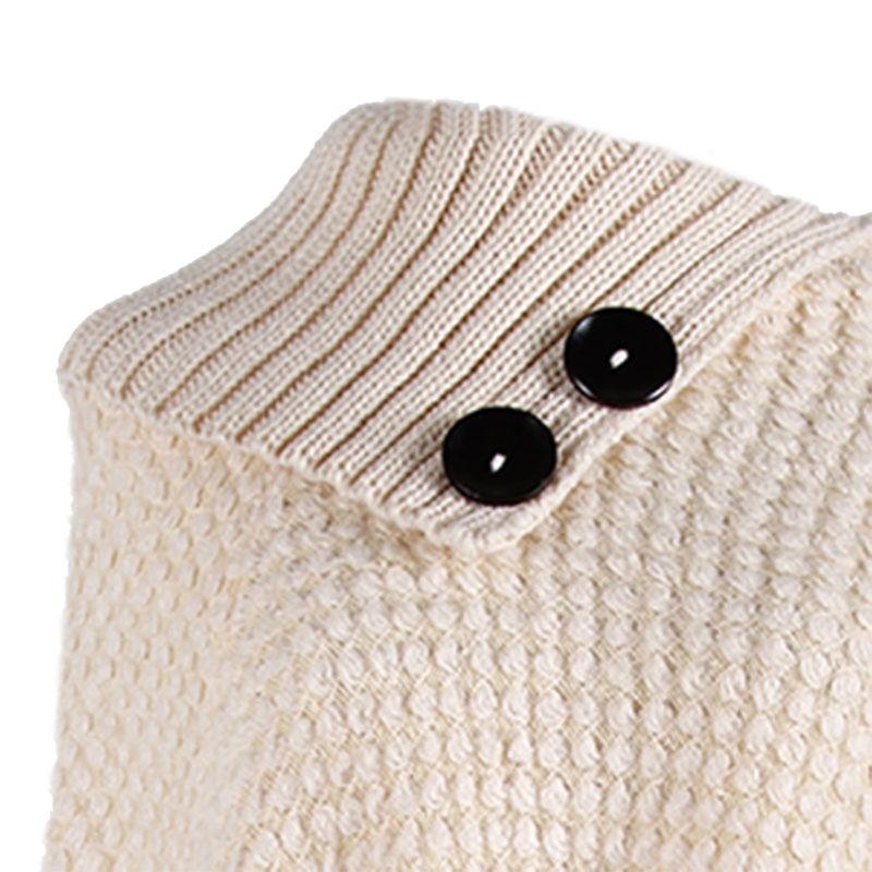 Women Knitted Pullover Sweater Top Half Opened Collar Buttons Warm Shawl Wrap Fringe Tassels Hem Solid Color Poncho Cape