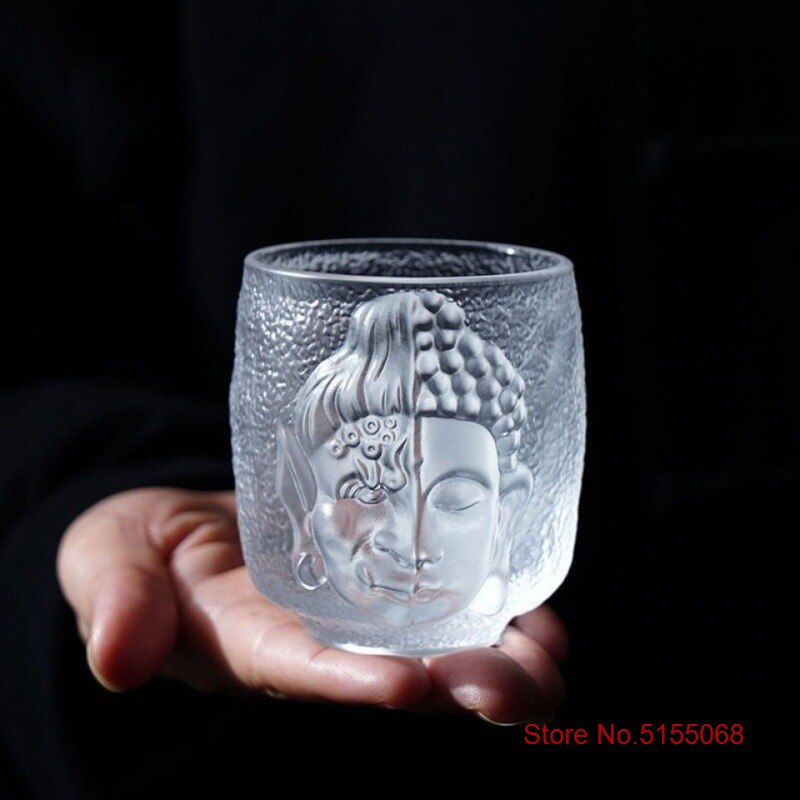 Vaso de cristal con relieve 3D de diablo o Buda Zen Budista, vaso de Sake con piedra Azure para la religión, copa de vino, licor, Vodka, Whisky, taza de té